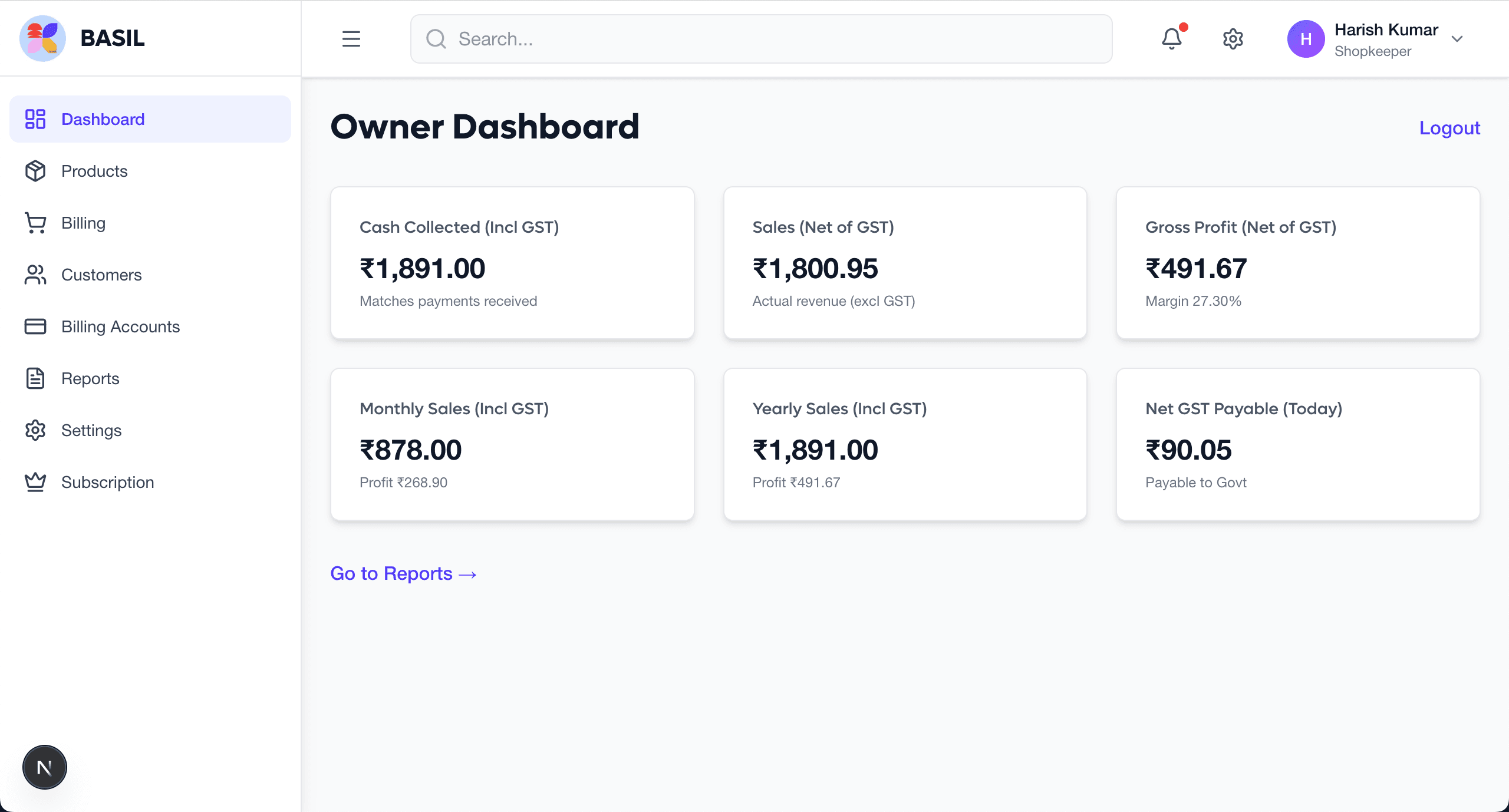 Clinic EMR dashboard on Basil